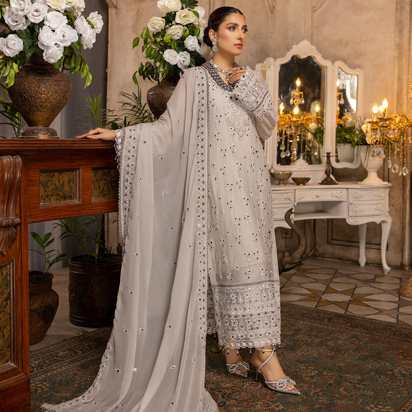 Merakish Embroidered Chiffon 3 Piece Suit Cloud Gray pakcloths.pk