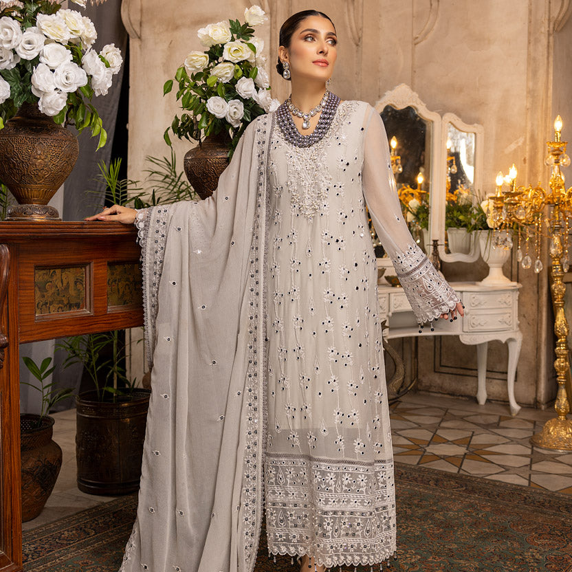 Merakish Embroidered Chiffon 3 Piece Suit Cloud Gray pakcloths.pk