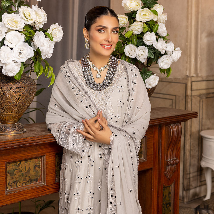 Merakish Embroidered Chiffon 3 Piece Suit Cloud Gray pakcloths.pk